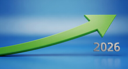 Image of a green arrow trending upward with "2026" beside it, on a blue gradient backdrop, representing growth, progress, future, success and development
