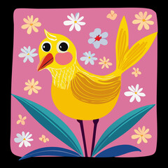Bright yellow bird character with red cheeks surrounded by white flowers and stars on pink surface