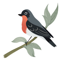 Red breasted robin bird illustration perched on a delicate branch with long green leaves