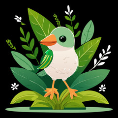 Green and white bird illustration surrounded by lush tropical leaves and foliage in a dense jungle scene