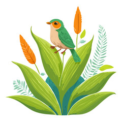 Small colorful bird sitting among tall green grass and yellow flowers in a vibrant summer meadow illustration
