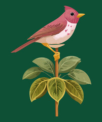 Realistic red breasted bird perched on a flowering plant branch with green leaves and detailed floral elements