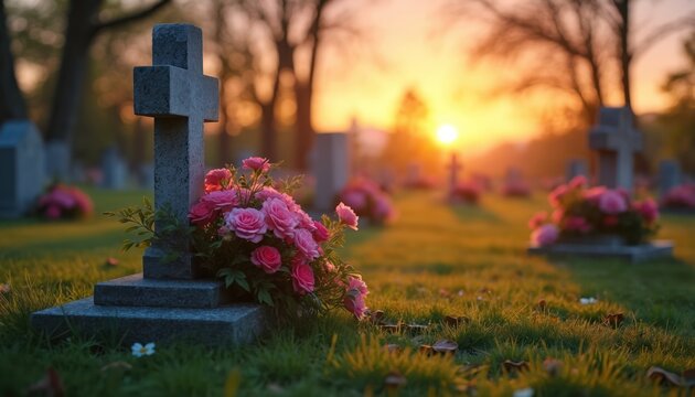 Cemetery with flowers on grave at sunset. Pink roses on a tombstone in a graveyard. Memorial scene showing loss and remembrance. Soft warm light highlights the cross monument.