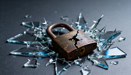 A cracked and rusty old padlock on sharp shattered glass. Conceptual image of a security breach, failure, and vulnerability