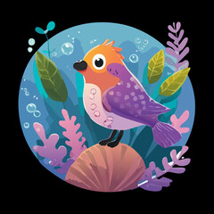 Purple bird in a circular frame with underwater elements like bubbles and pink sea plants