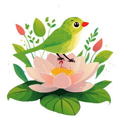 Vibrant green bird resting on a large pink lotus flower in a peaceful garden pond