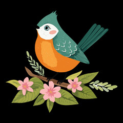 Teal and orange bird perched on a flowering branch with pink blossoms against black backdrop