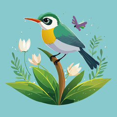 Small blue bird with orange belly perched on a branch with white blossoms and butterfly