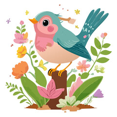 Cute blue and pink bird perched on a mossy stump with pink flowers and butterflies