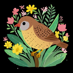 Small brown bird with orange chest sitting on a wooden fence with colorful garden flowers