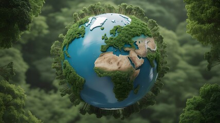 Planet earth on a green background. Green continents made from the crown of a tree. Clear azure water. The ecological concept of the survival of the planet.