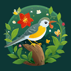 Grey bird with yellow chest perched on a branch with red flowers in a circular frame
