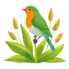 Green and orange bird perched on wheat stalks in a golden field under a bright sky