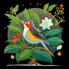 Grey and yellow bird on a branch with red berries and white flowers in a forest