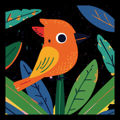 Bright orange bird with black head sitting on a branch with lush green leaves and berries