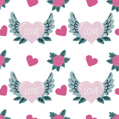 Romantic vector seamless pattern with pink hearts with wings and roses, perfect for Valentine day card, decoration, wedding invitation.