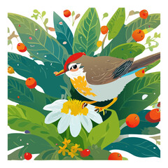 Small yellow and red bird among white daisies and green grass in a bright summer meadow