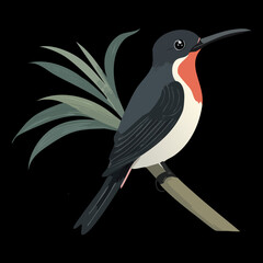 Elegant hummingbird with grey and red feathers perched on a branch in a dark tropical forest