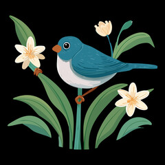 Little blue bird surrounded by white jasmine flowers and green leaves in a romantic garden illustration