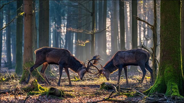 dominance. Two male deer with locked antlers in a misty forest. wildlife magazines, conservation campaigns, designed for wildlife conservation campaigns, promotes animal welfare.