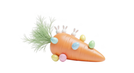 Orange carrot with white bunnies and pastel Easter eggs isolated on a transparent background bunny rabbit