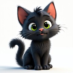 Fototapeta premium Cartoon black cat sits on white backdrop. Adorable 3d rendered kitten with big green eyes and pink nose. Cute pet looks playful. Character design for children.