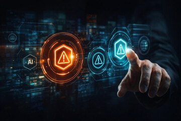 Futuristic Cybersecurity Alert Interface with Holographic Warning Icons and Human Hand