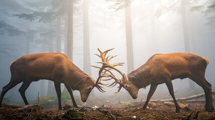 dominance. Two male deer with locked antlers in a misty forest. wildlife magazines, conservation campaigns, designed for wildlife conservation campaigns, promotes animal welfare.