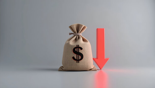 Economic recession and financial loss concept with money bag and red down arrow for stock market news banner