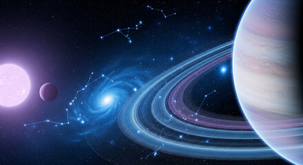 Planets, star, and galaxy on dark sky, forming constellation. The image showcase cosmic element, universe representation and science inspiration