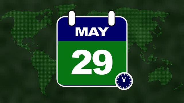 Calendar displaying May 29th with a world map and clock in the background date