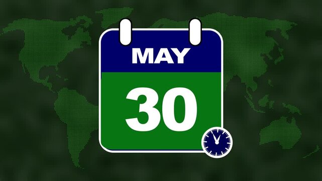 Calendar showing May 30th with a world map background and a clock date