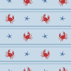 Pattern with red crabs and starfish on strip. Underwater seamless pattern