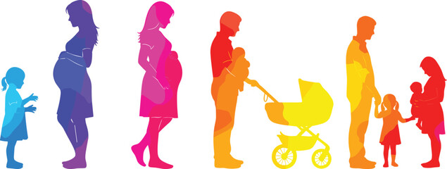 family, lifecycle, silhouettes, colorful, parents, children, pregnancy, baby, stroller, growth, generation, people, 