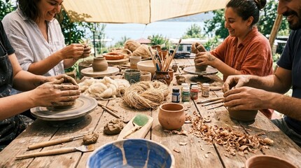 Group of young creative people practicing pottery in outdoor workshop together