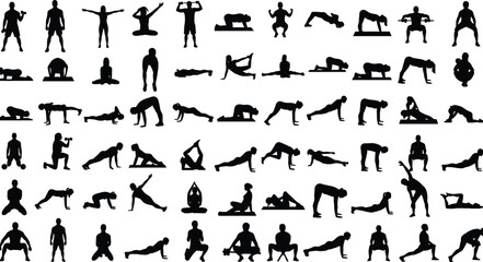 fitness, exercise, workout, silhouette, training, yoga, stretching, strength, flexibility, bodybuilding, gym, pose, movement, health, lifestyle, athlete, routine, isolated, black, white