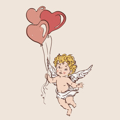 Colorful vector illustration of a cute Cupid angel with heart air balloon. Romantic love symbol perfect for Valentines Day cards, wedding designs, posters, invitations and festive decor.