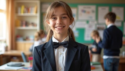 Young girl in suit smiles at school event. Children learn and celebrate achievements in bright classroom atmosphere. Future success and opportunity inspire students.