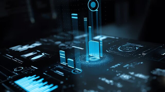 Close-up of a futuristic digital interface with blue graphs and charts on a dark background with a shallow depth of field.