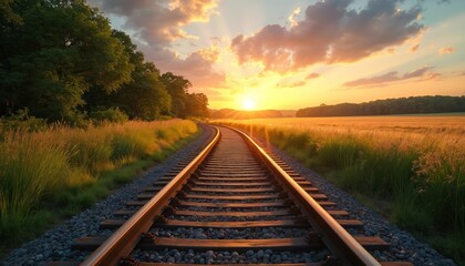 Fototapeta premium Empty railway tracks curve through a golden field towards a setting sun. Tall grasses flank the path leading to a distant forest horizon. Peaceful journey awaits at sunset.