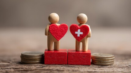 Wooden figures, each holding a red heart, stand atop red blocks. Coins flank the figures on a textured wooden surface. One heart has a white cross