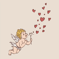 Colorful vector illustration of a cute Cupid angel with hearts. Romantic love symbol perfect for Valentines Day cards, wedding designs, posters, invitations and festive decor.