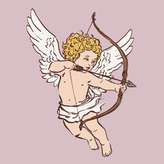 Colorful vector illustration of a cute Cupid angel with bow and arrow. Romantic love symbol perfect for Valentines Day cards, wedding designs, posters, invitations and festive decor.