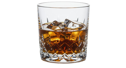A heavy, geometrically cut crystal tumbler filled with rich amber bourbon and two sharp square ice cubes, visible condensation on stark white, high-end commercial advertising aesthetic