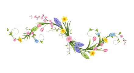 Swirling floral arrangement with pink tulips yellow daffodils blue hyacinths and small pink blossoms isolated on a transparent background
