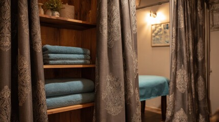 Relaxing singleroom massage studio interior featuring a medium shot of curtaindivided spaces soundproof panels and plush towels placed on a wooden shelf.