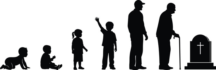 Human life cycle silhouette illustration, birth childhood adulthood aging death concept, life journey timeline, mortality concept vector isolated