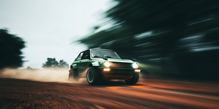 green rally car speeding on dirt road