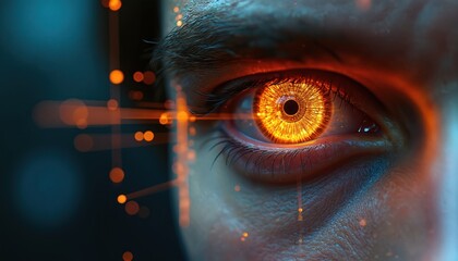 Close up of man face with glowing futuristic eye. Person looks as cyborg with ai digital lens. Concept of technology, neural network, big data, machine learning and innovation.