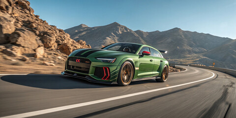 Naklejka premium green sports car on mountain road with bronze wheels